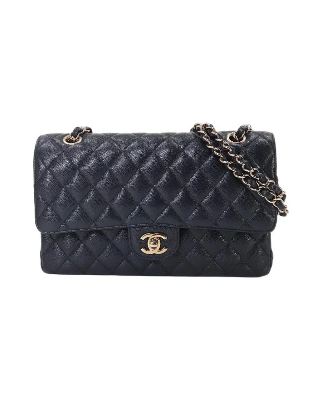 Chanel Quilted 25 Chain Shoulder Bag Caviar Leather Navy Gold